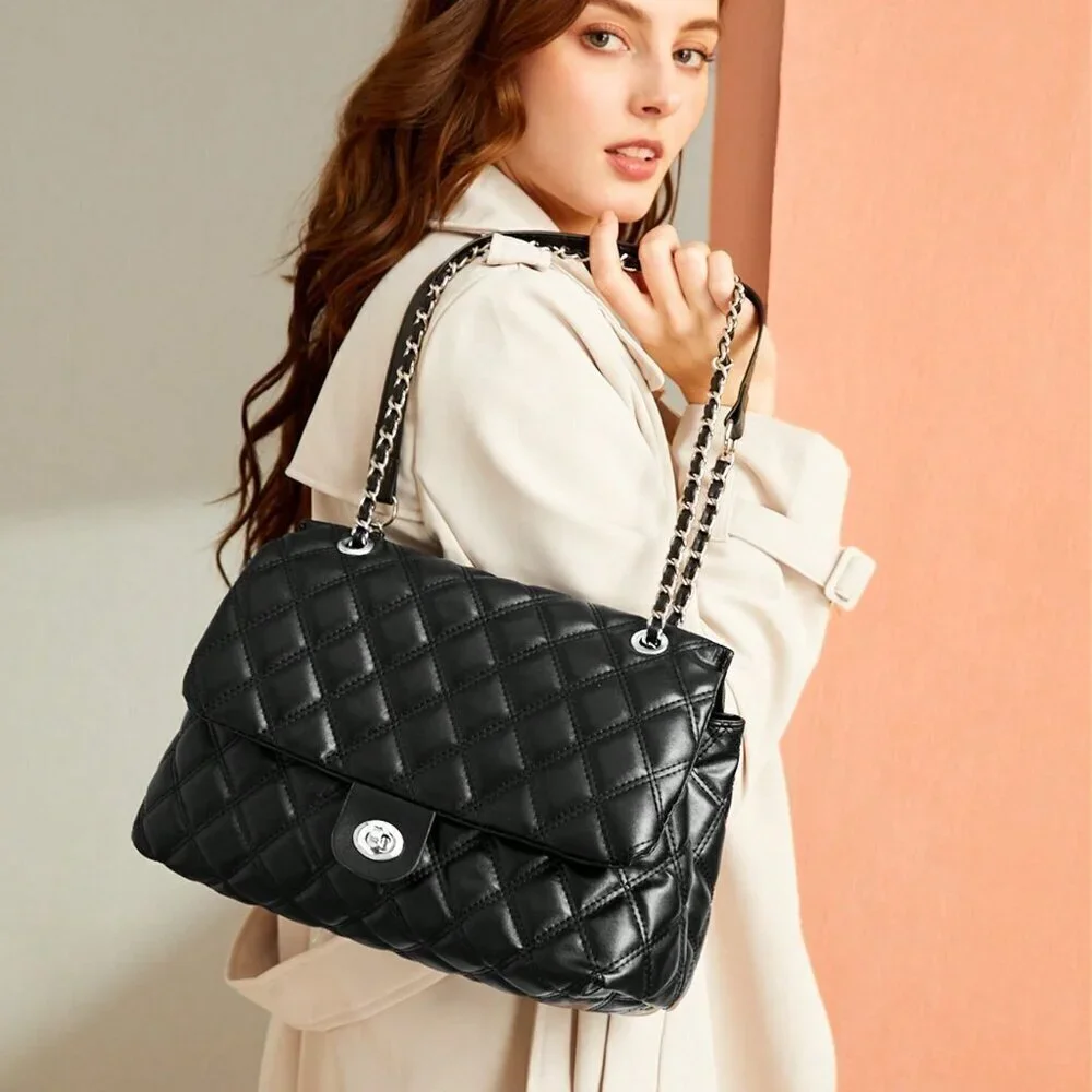 Black Elegant Women's Large Capacity Rhombic Pattern Crossbody Bag